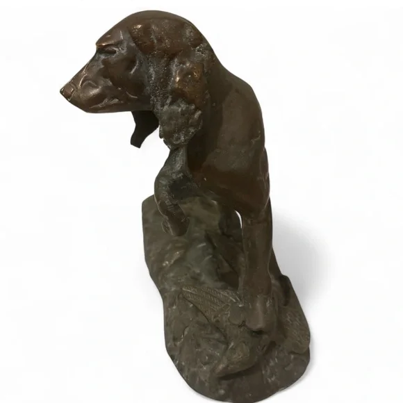 Large Vintage Bronze Sculpture Hunting Dog Retriever Pointer w/Duck 12” Patina